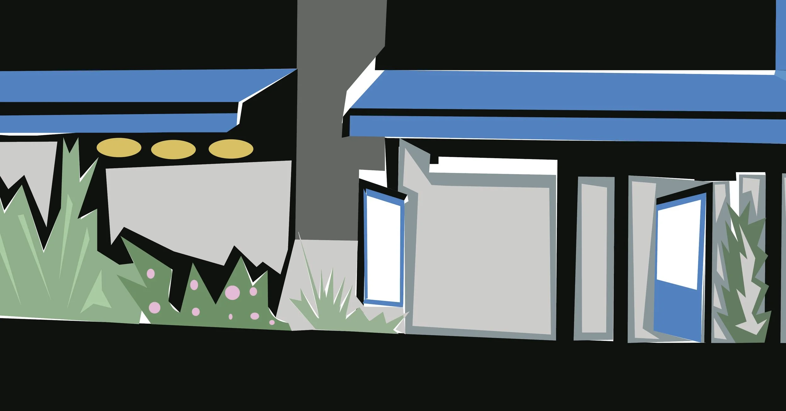 A modern building with a blue awning, gray walls, blue doors, and surrounded by greenery with stylized plants and bushes.