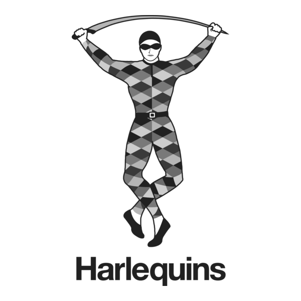 A person in a black and gray diamond-patterned bodysuit and mask holding a whip above their head, with the word "Harlequins" below.