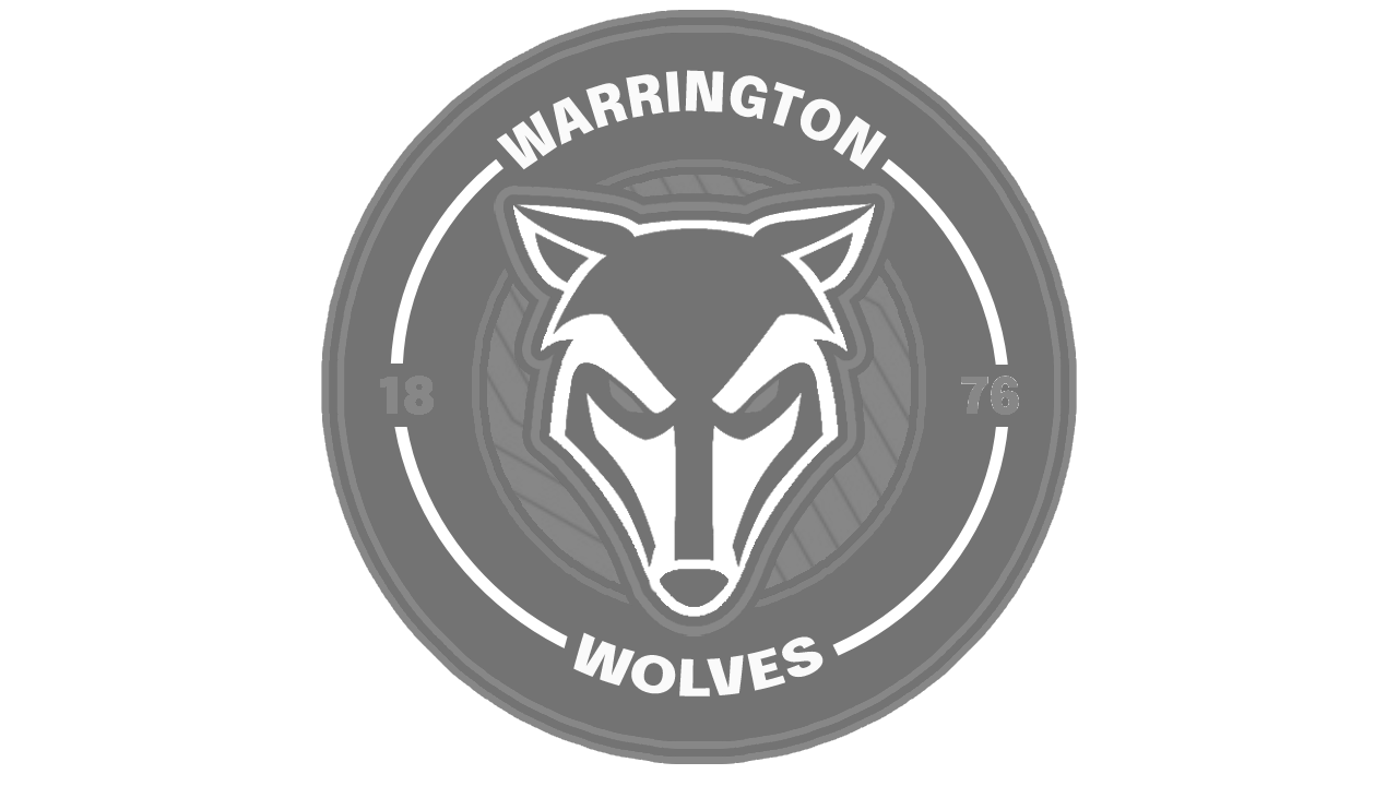 A black and white circular logo for Warrington Wolves featuring a stylized wolf's head in the center, with the text 'Warrington Wolves' around the top and bottom, and the years 1876 and 18.