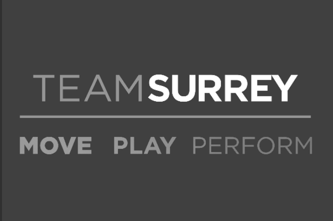 Text reading 'Team Surrey' with the words 'Move', 'Play', and 'Perform' below on a dark gray background.