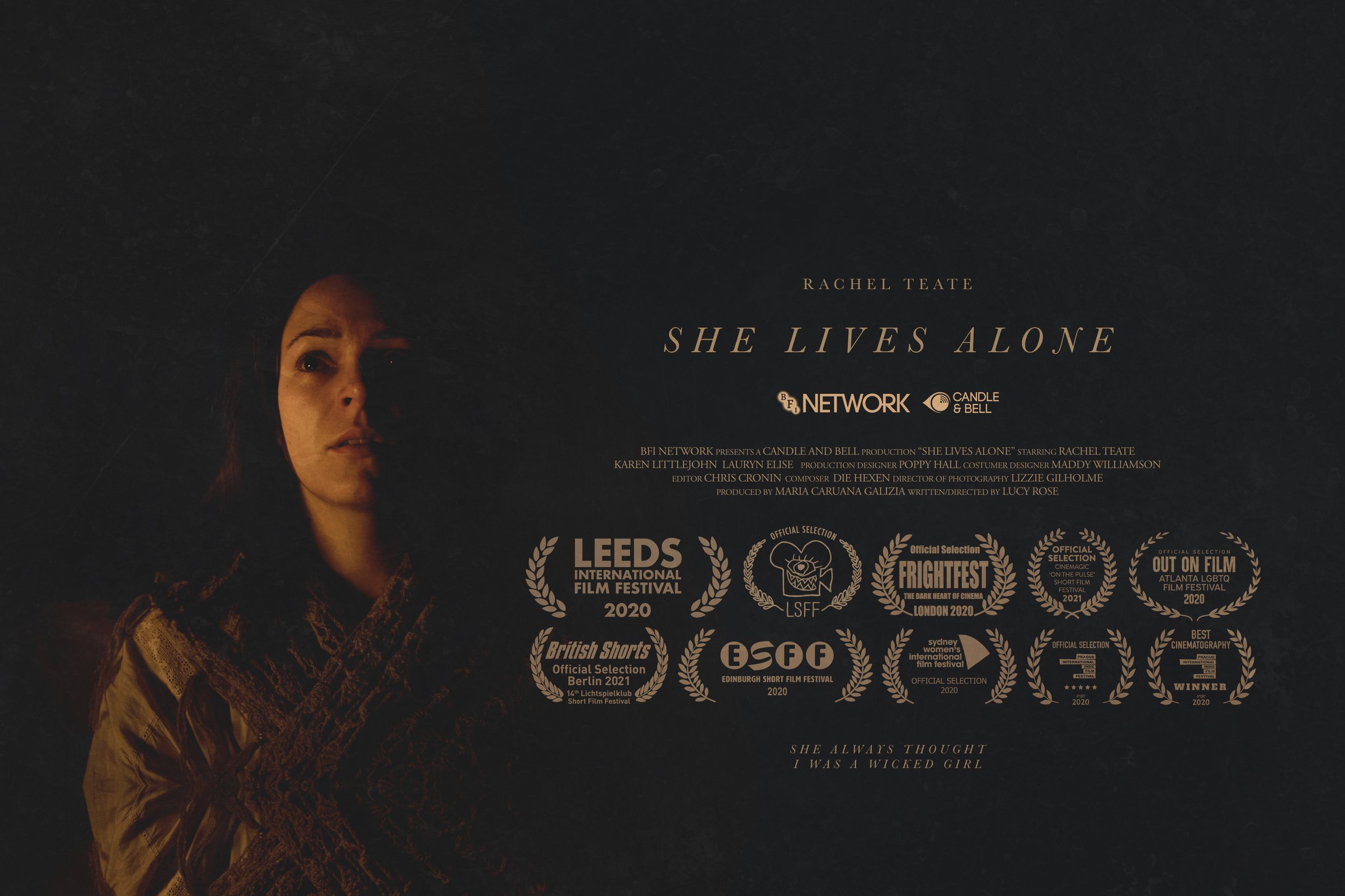 Dark promotional poster for the film 'She Lives Alone' featuring a woman's face illuminated from below on the left side, with film festival awards and laurels at the bottom.