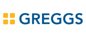 Greggs logo with blue text and yellow squares on a white background.