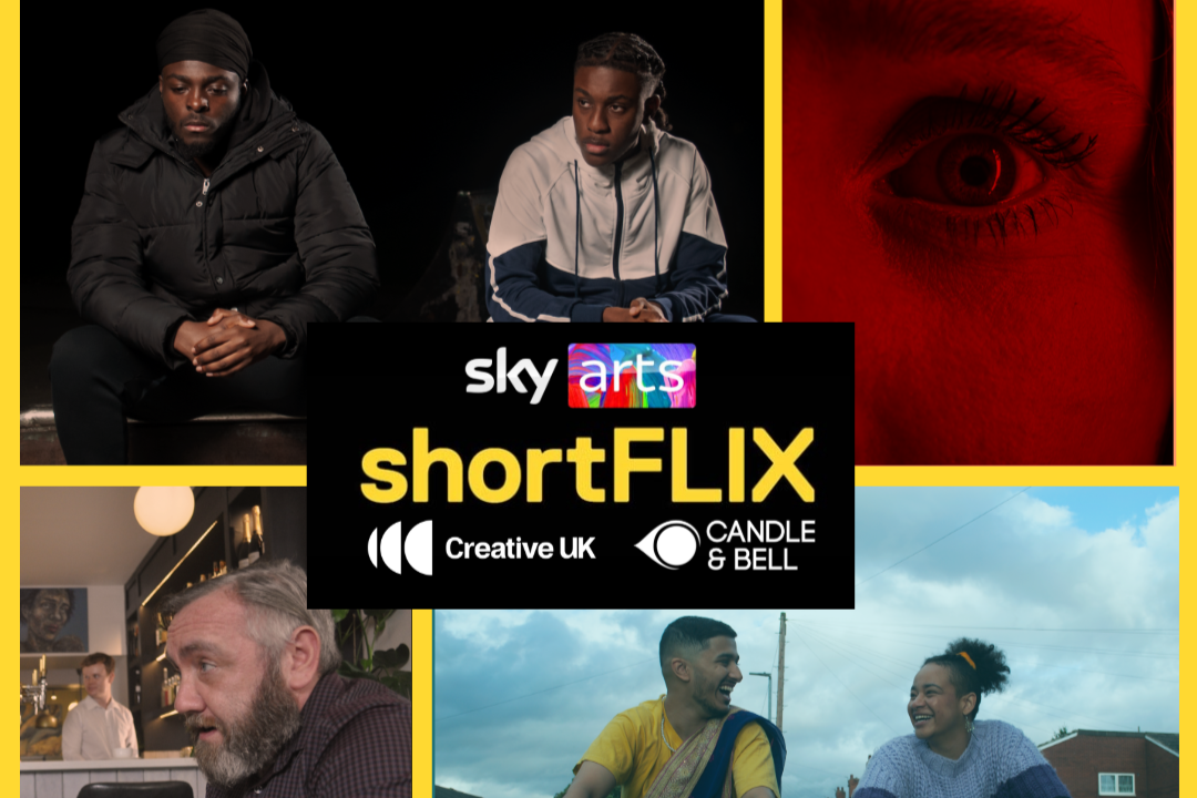 A promotional collage for Sky Arts shortFLIX featuring images of various people and scenes, including two men sitting, a close-up of an eye, a woman working in a workshop, and a young couple outdoors, with the Sky Arts, shortFLIX, Creative UK, Candle & Bell logos.