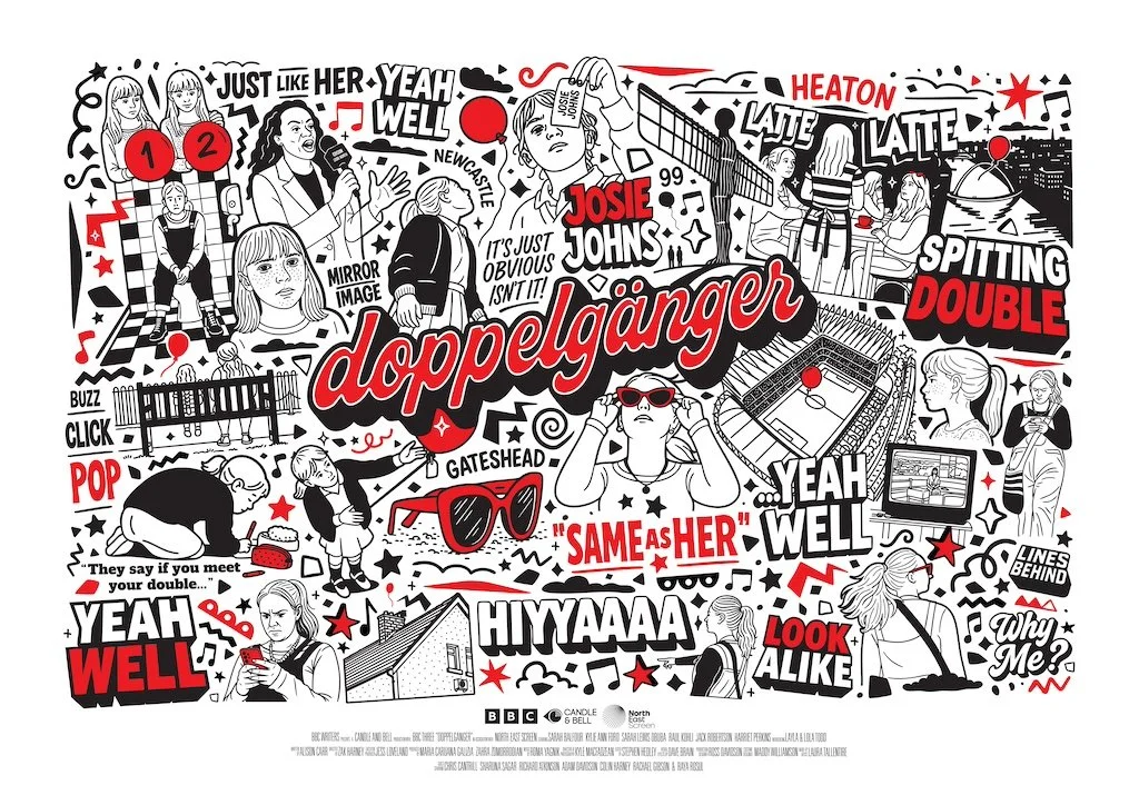 The poster for the film Doppelganger features scenes from the film and various text snippets such as 'just like her yeah well,' 'Josie Johns,' 'Gateshead,' and 'spitting double.'