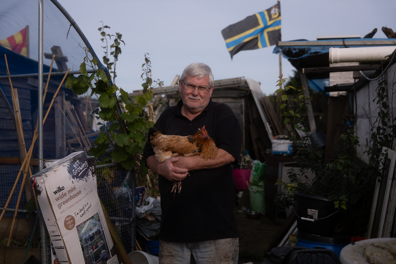 An elderly man with glasses holding a chicken in his arms, standing outdoors in a backyard with gardening and building supplies, and a flag of Sweden in the background.