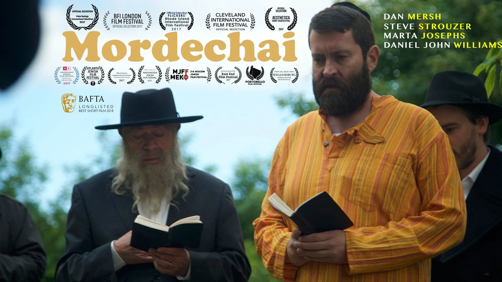 The poster for Mordechai, a short film. People standing outdoors, reading books or scripts, with trees in the background, and film festival logos and text overlay.