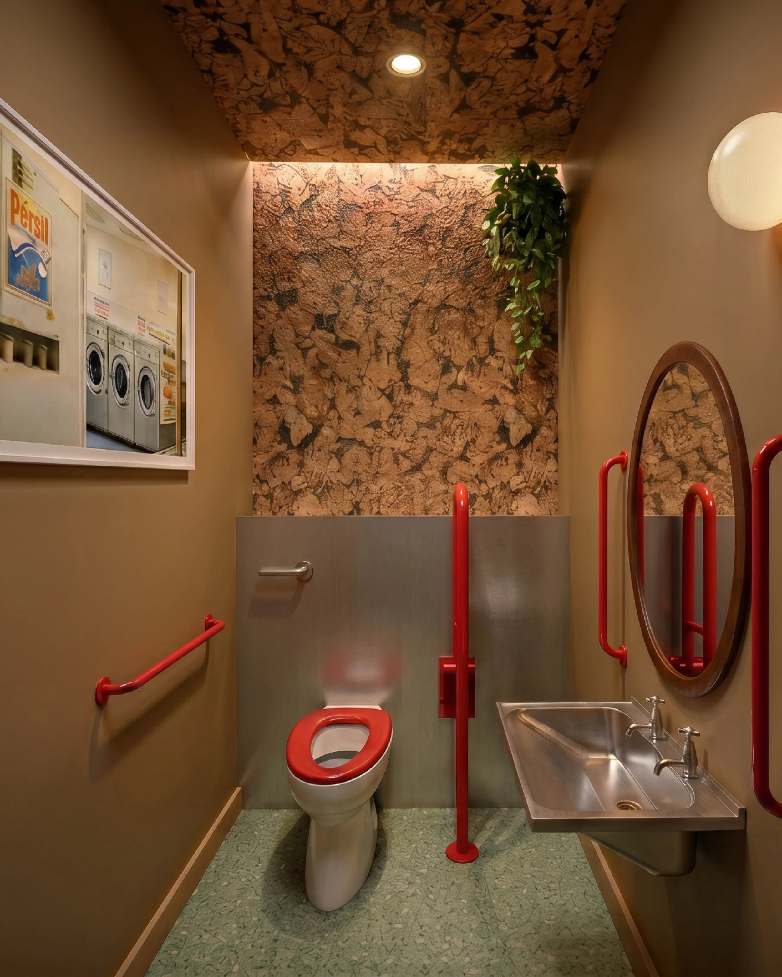  Hospitality bathroom interior by Studio EWW featuring textured wall finishes, bold red detailing and contemporary commercial restroom design 