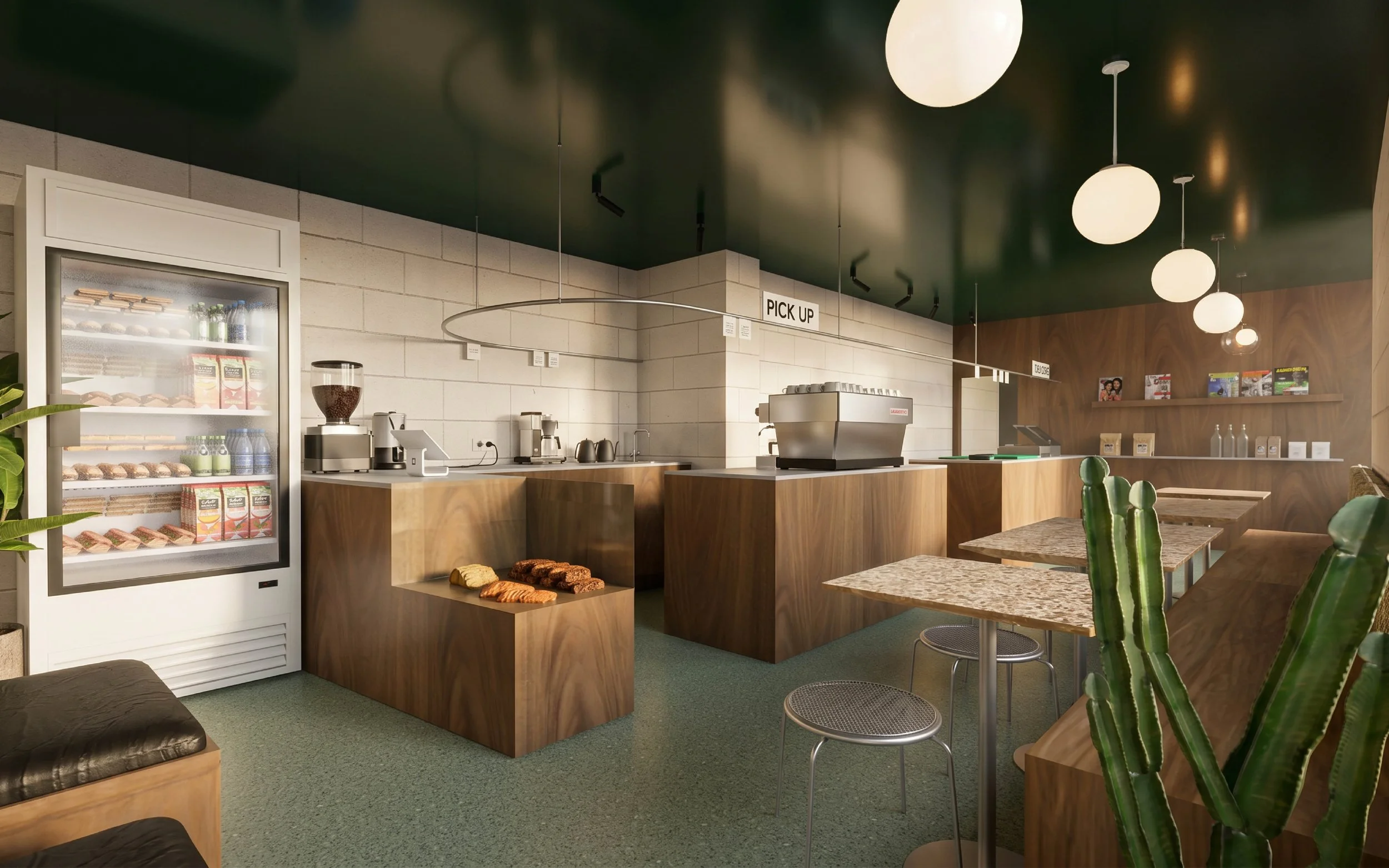  Contemporary café interior design for Blend Broadway by Studio EWW featuring walnut finishes, terrazzo tables and modern hospitality lighting 