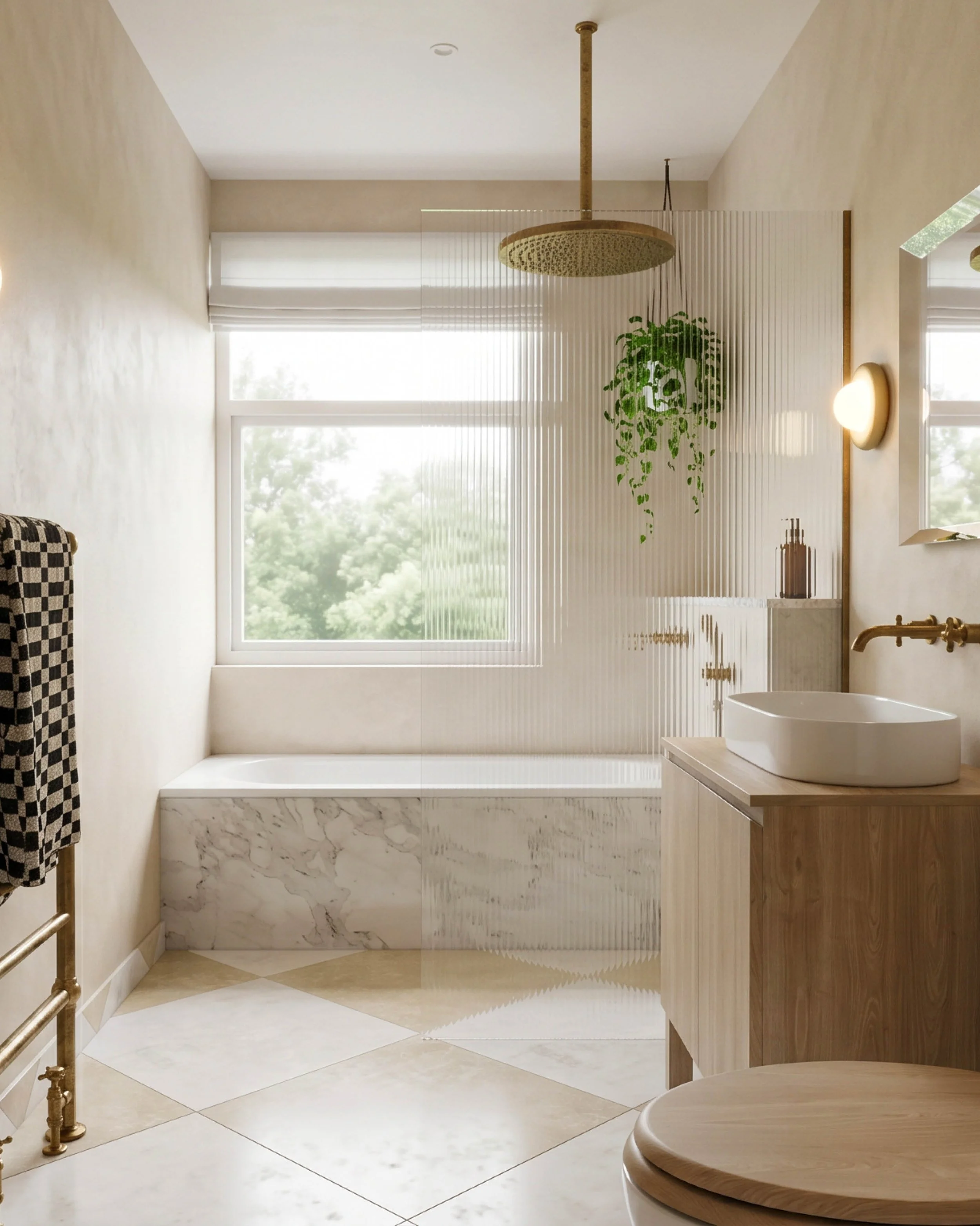  Contemporary bathroom interior with fluted glass shower screen, marble bath surround and oak vanity by Studio EWW 