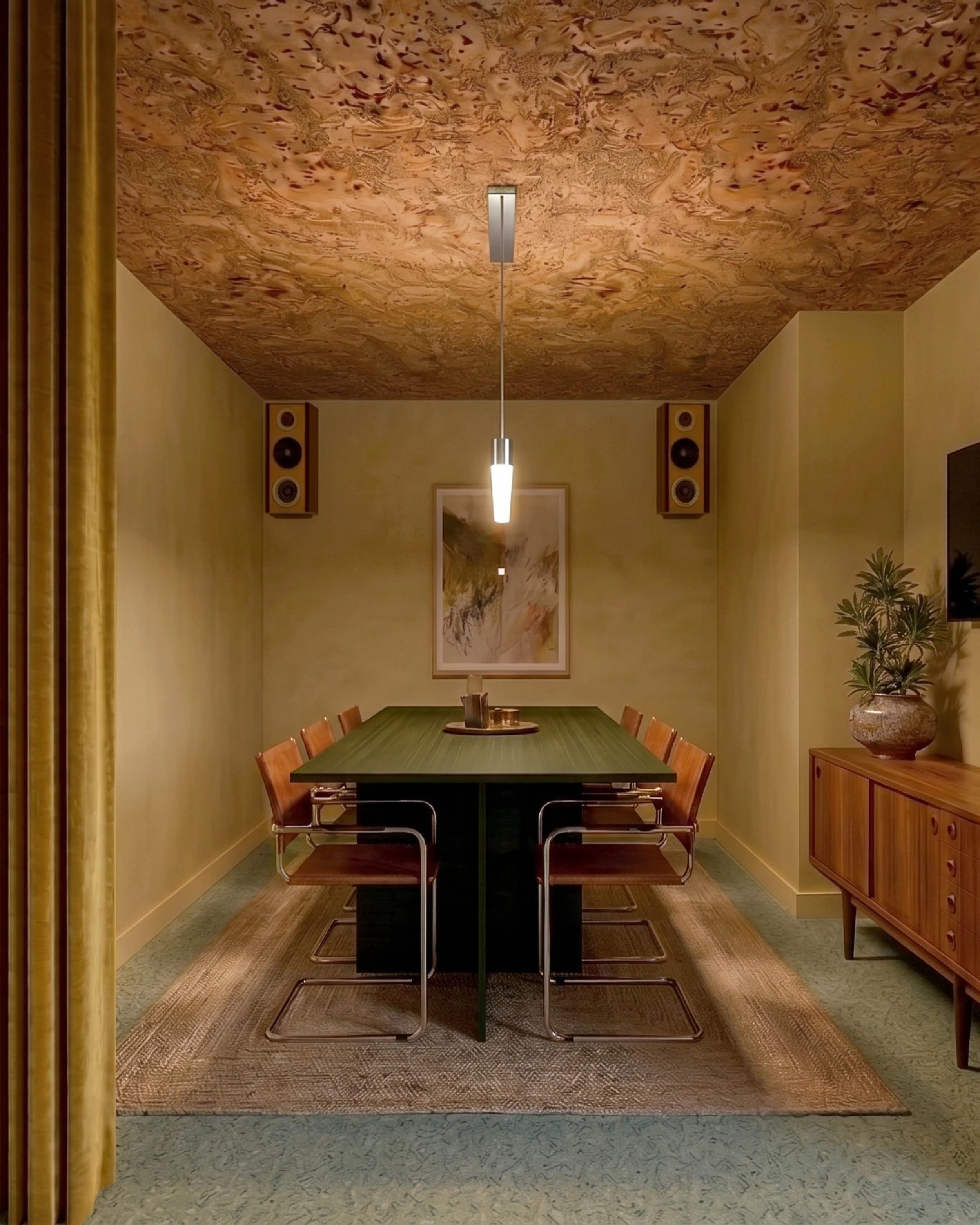  Contemporary meeting room interior by Studio EWW featuring a statement textured ceiling, warm tonal palette, walnut furniture and modern workspace styling 