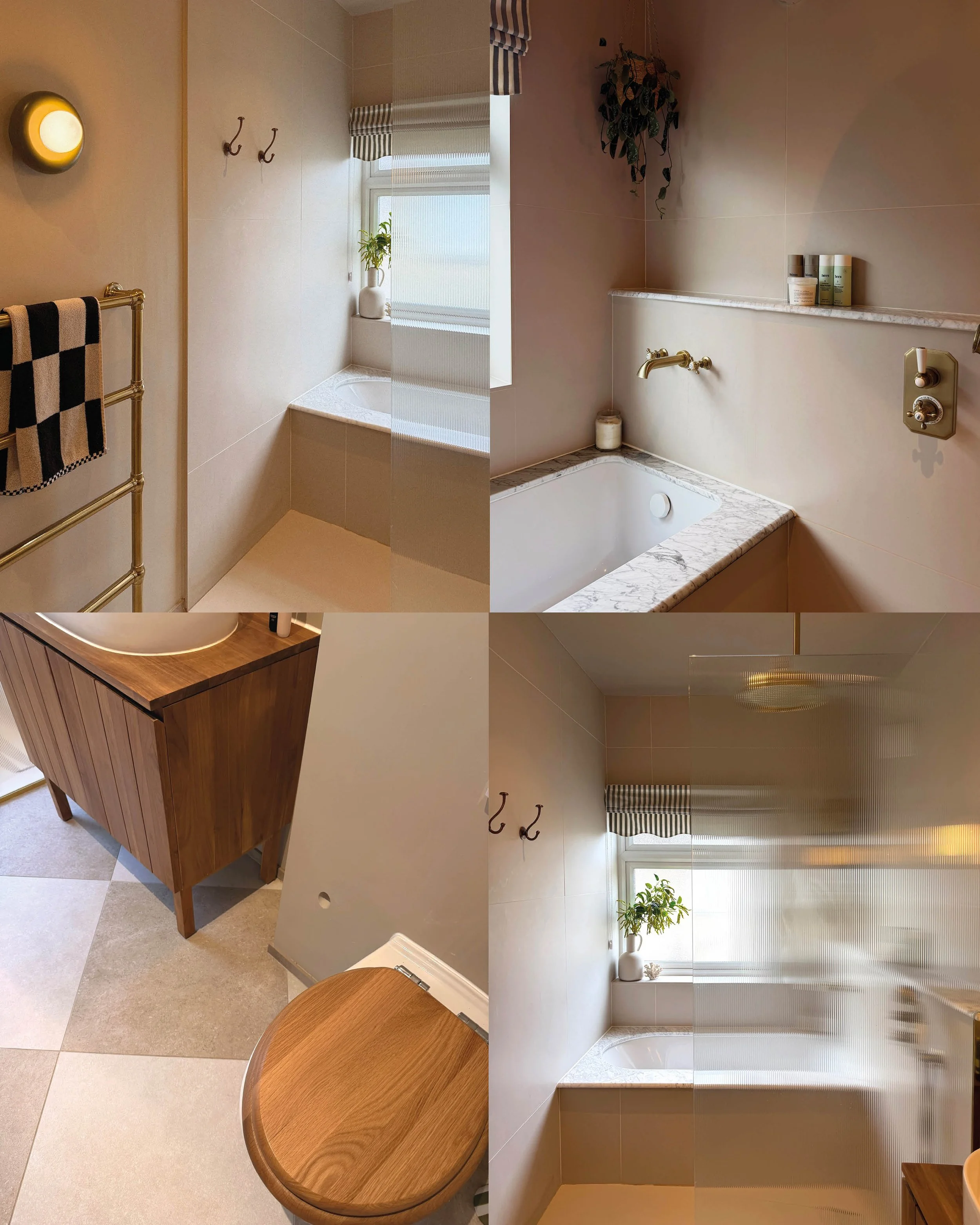  Warm neutral bathroom interior with brass fixtures, oak vanity unit and textured glazing by Studio EWW 
