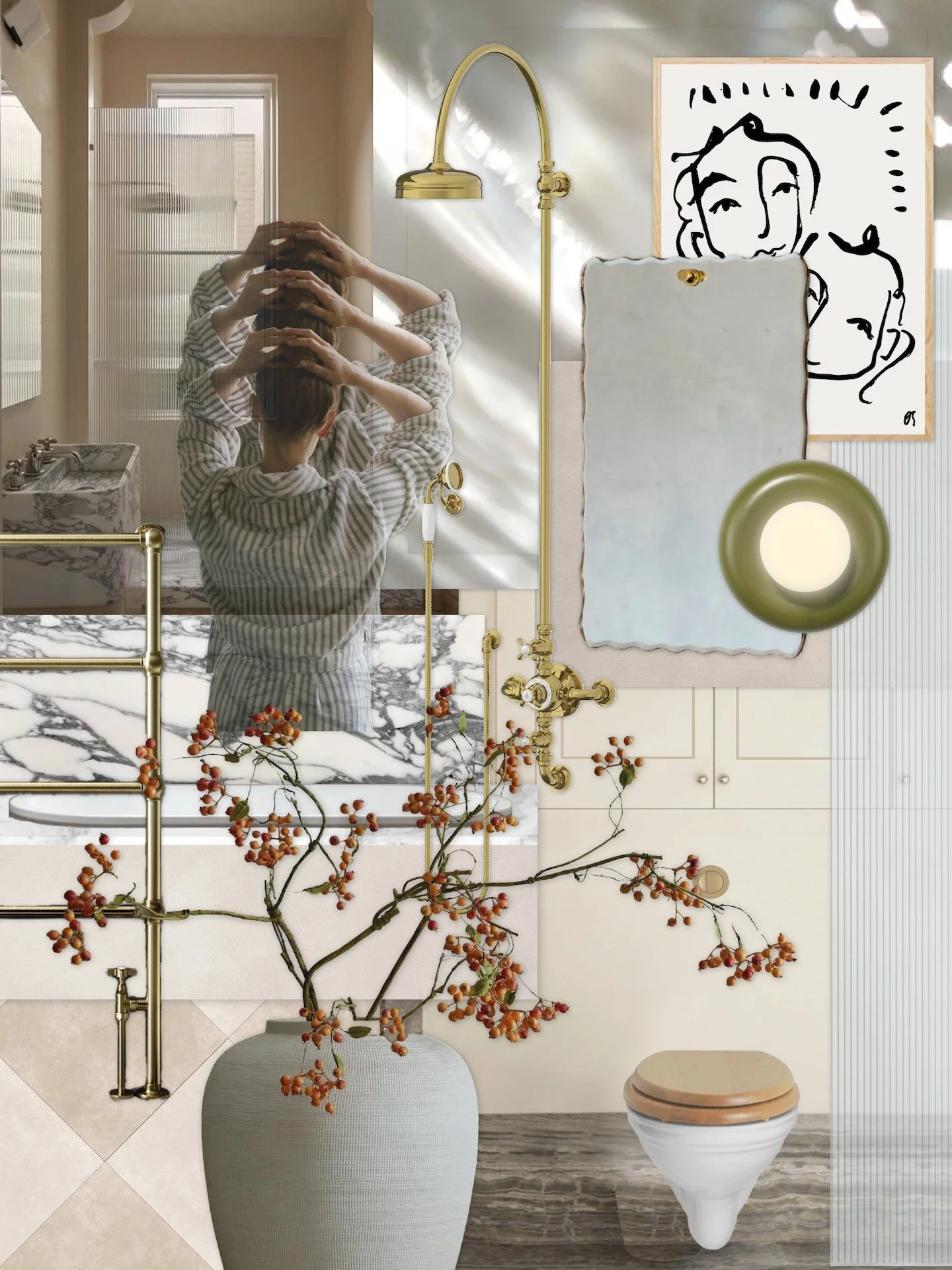  Bathroom interior moodboard featuring brass fixtures, marble textures and soft contemporary styling by Studio EWW 
