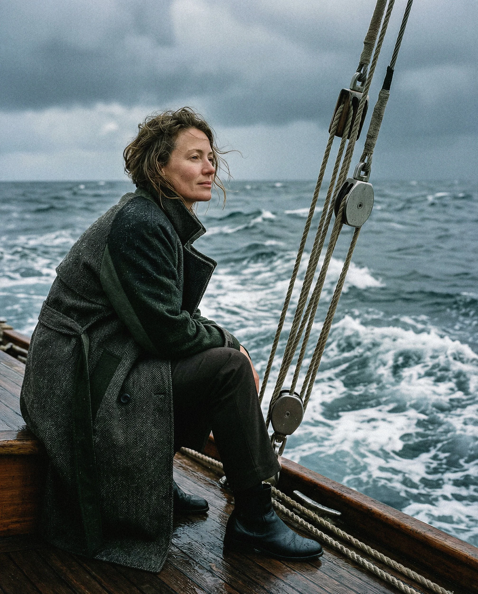 "Cinematic high-fashion portrait of a woman sitting on a vintage sailing boat in a textured sea, generated by The Raw Lab AI engine."