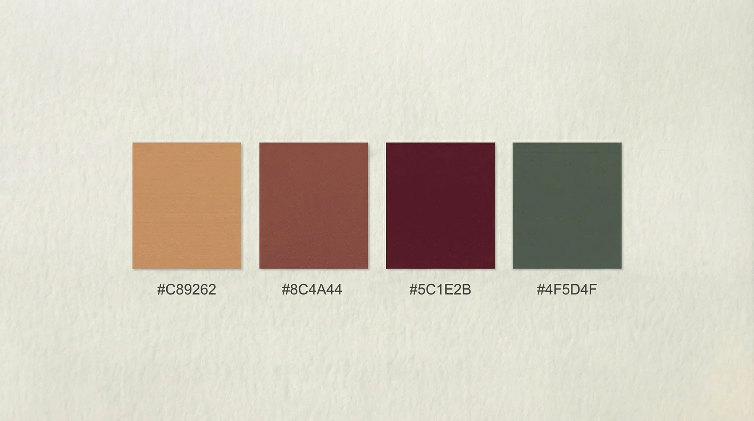 Four color swatches with hexadecimal codes listed below each. The swatches are in shades of brown, red, maroon, and green.