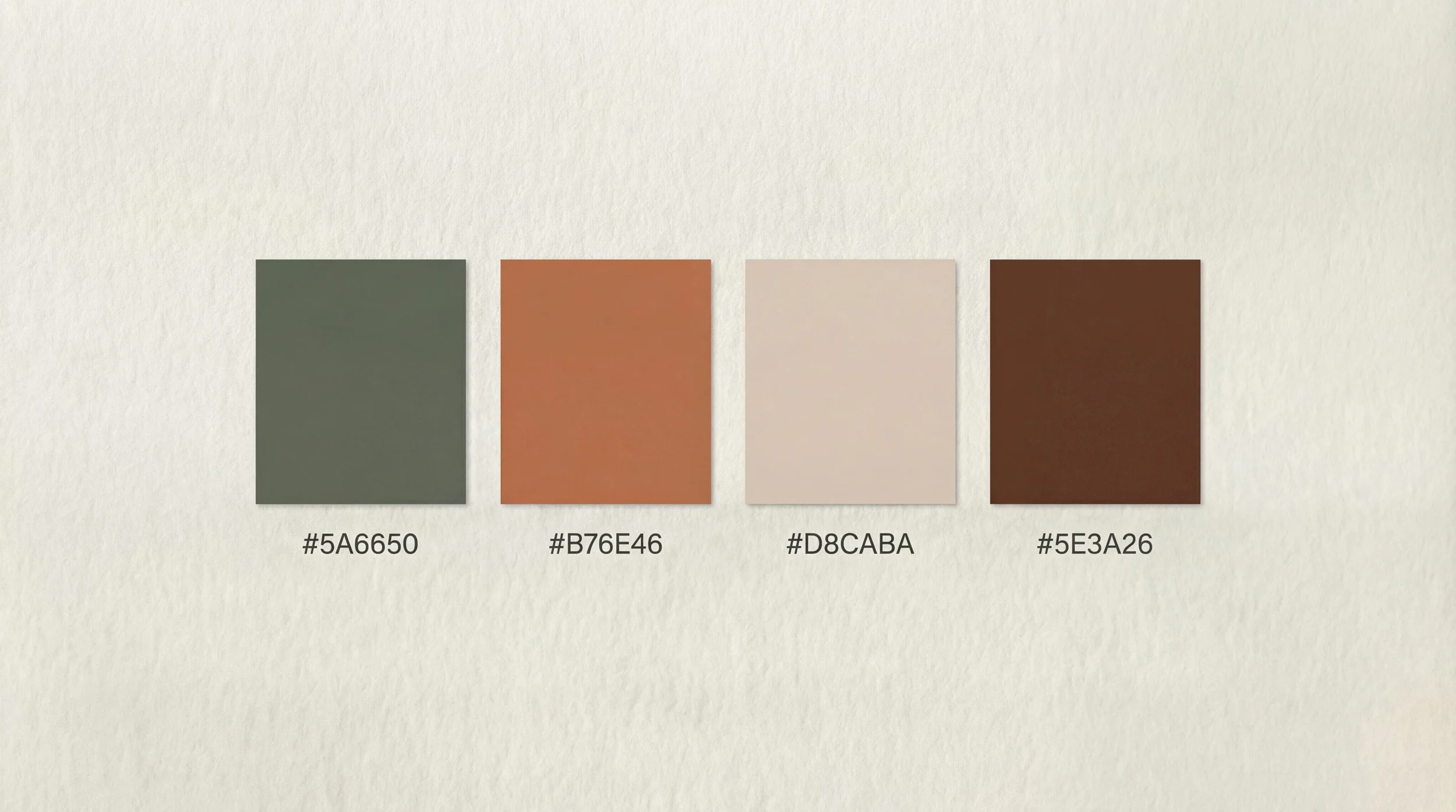 Four color swatches labeled with hex codes: #5A6650, #B76E46, #D8CABA, #5E3A26, on a textured beige background.