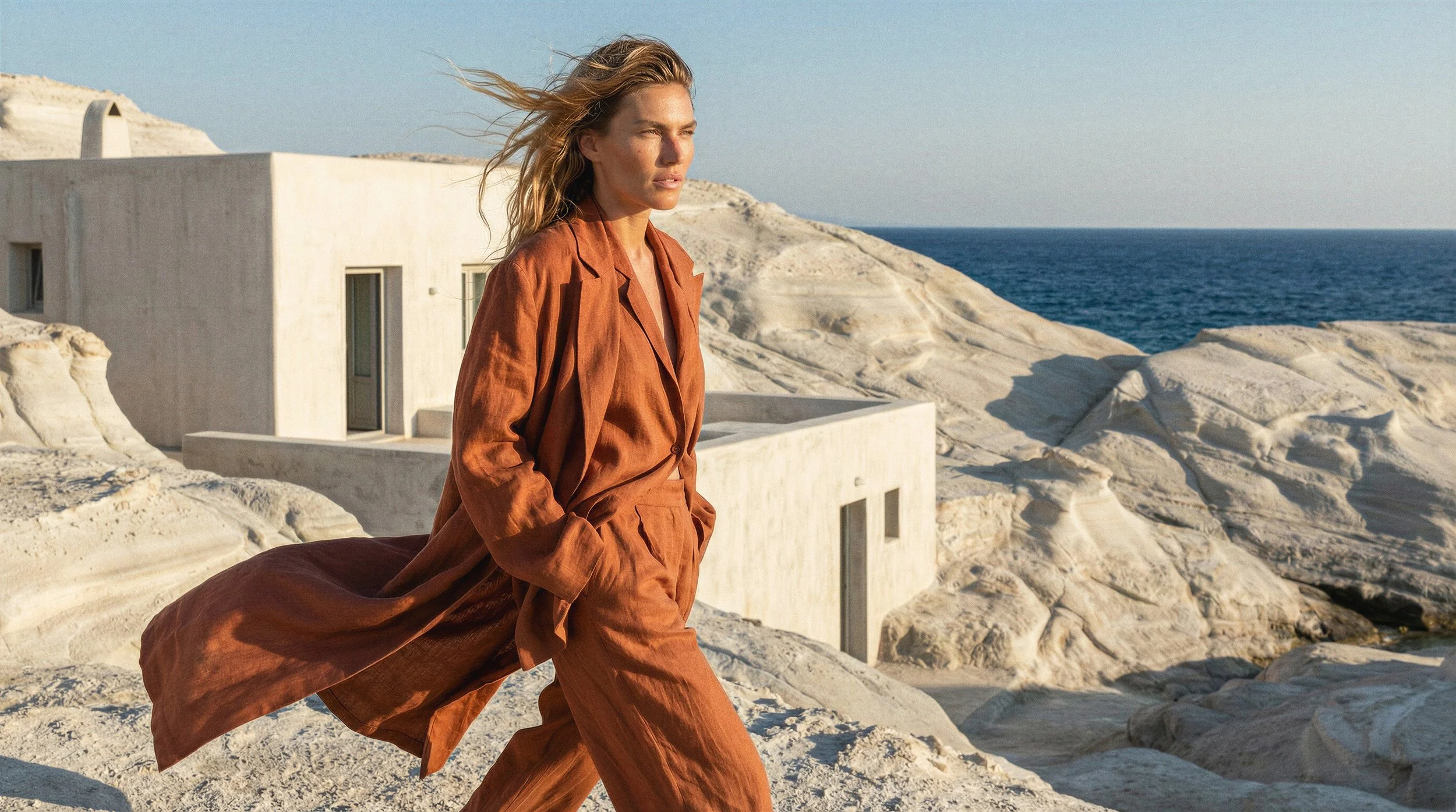 "Wide cinematic shot of a model walking past a minimalist white coastal villa under bright sunlight. Showcasing the interaction of light, shadow, and architecture in AI-generated high-fashion campaigns."