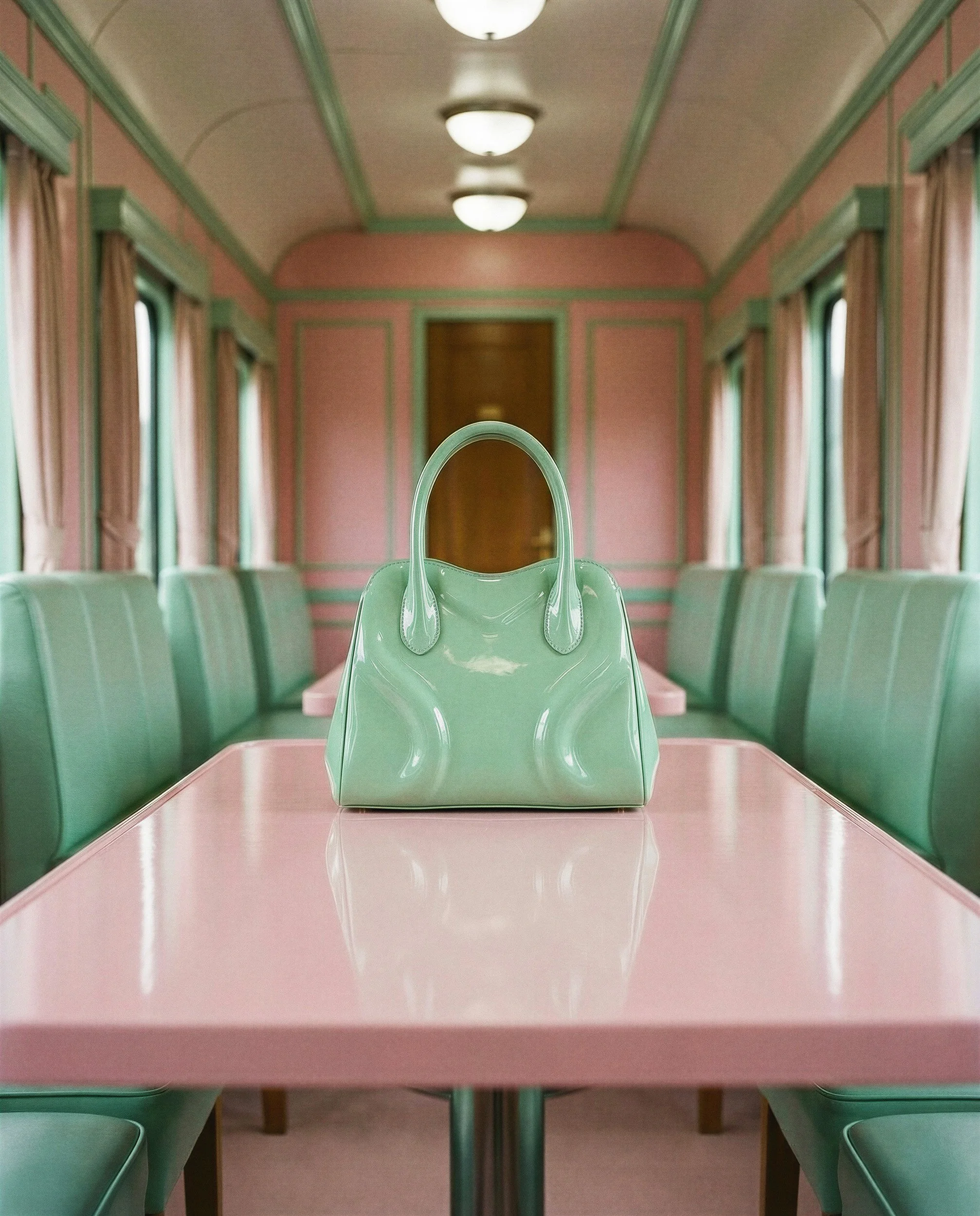 "Close-up product photography of a structured mint green leather handbag resting on a pink glossy table inside a luxury train. Highlighting AI's material realism and shadow accuracy for premium e-commerce catalogs."