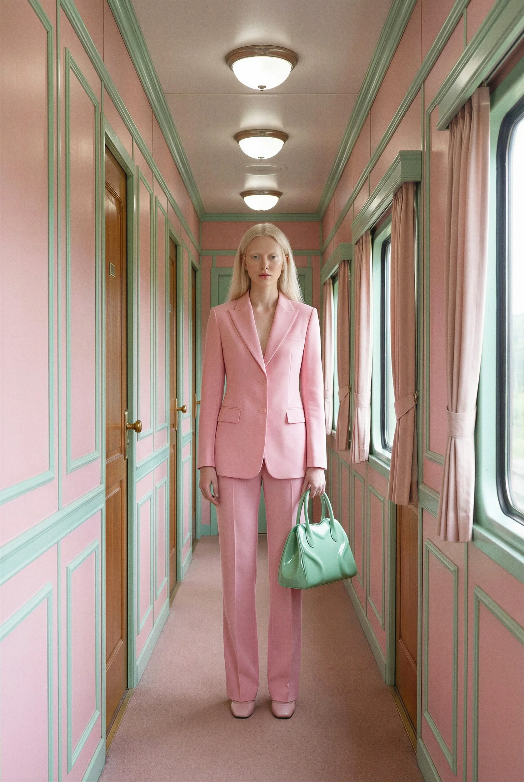 "Full body shot of a model in a pink suit and mint green bag standing in a symmetrically paneled pink and green train corridor. Synthetic luxury fashion imagery by The Raw Lab."