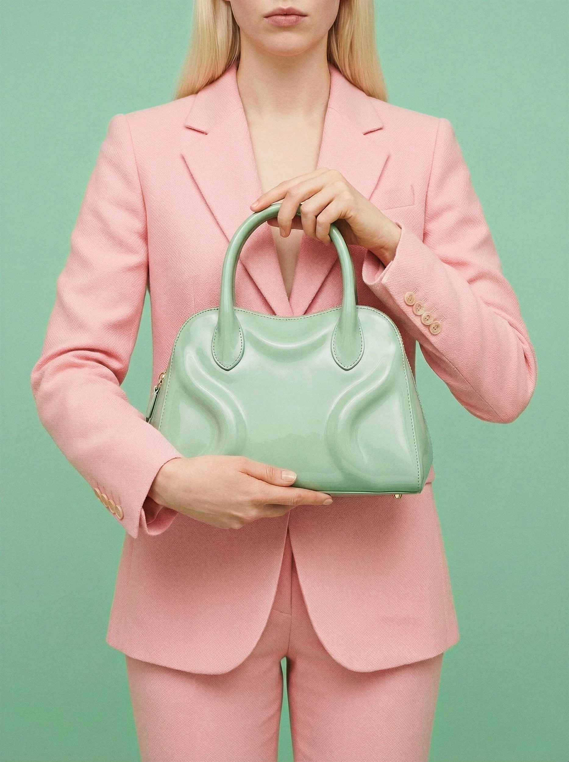 "Close-up of a digital twin model holding a structured mint green leather bag, wearing a pastel pink suit against a mint background. This visual highlights the realistic fabric textures and material finishes produced by The Raw Lab's AI engine."