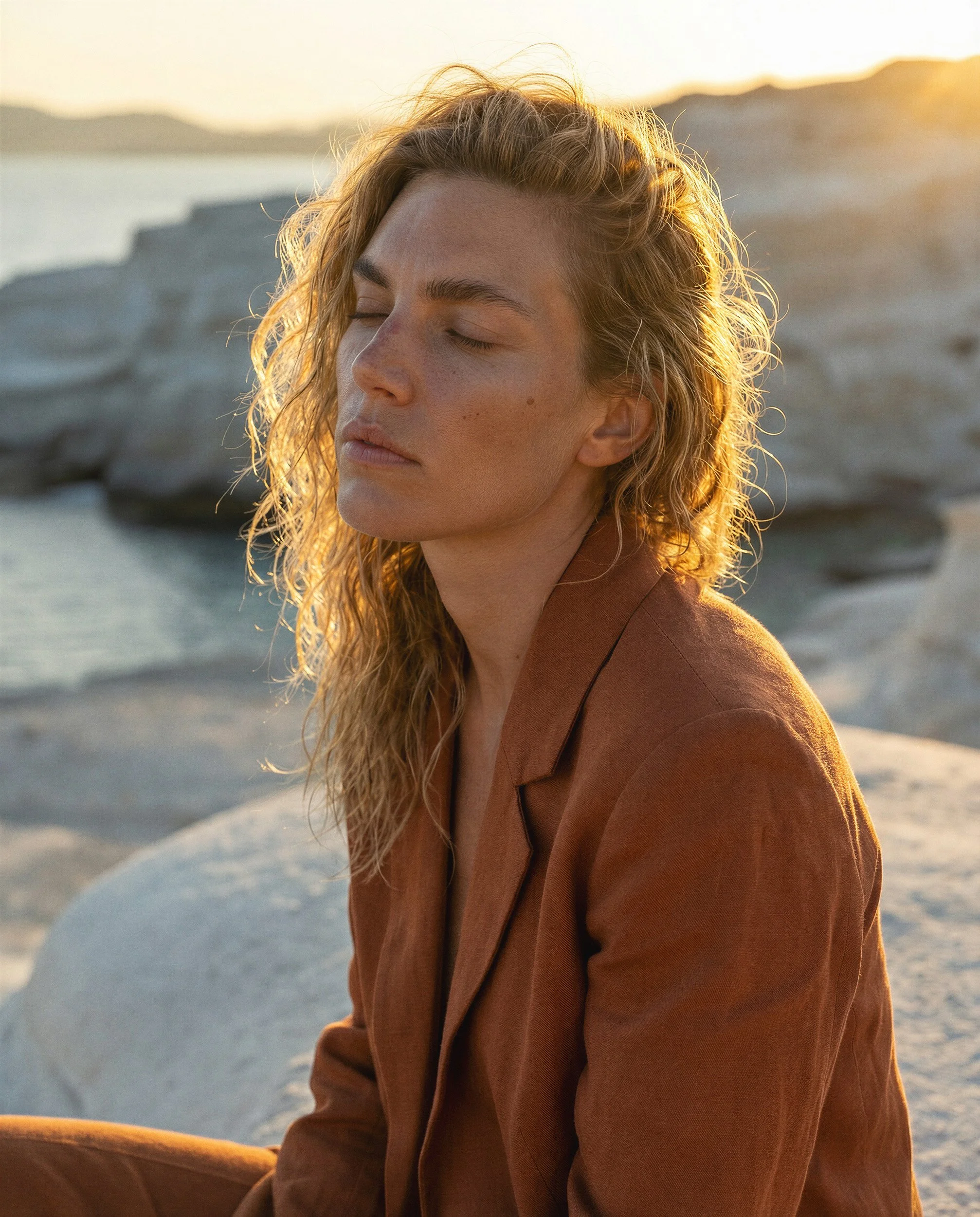 "Side profile portrait of a model with eyes closed, captured in warm sunset light against a blurred coastal backdrop. Demonstrating the emotional depth and atmospheric precision of AI-led visual production."
