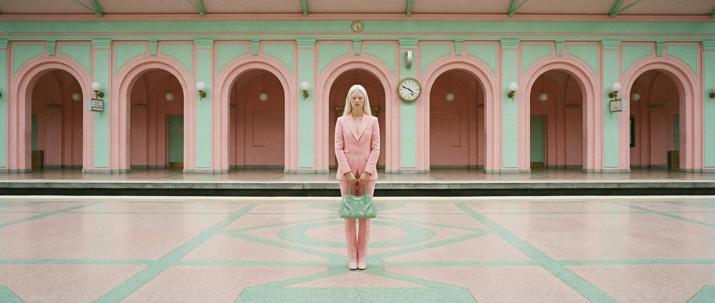 "Wide editorial shot of a model standing on a pink and mint green train platform with a series of symmetrical arches. Demonstrating the use of AI to generate complex architectural fashion sets for luxury brands."