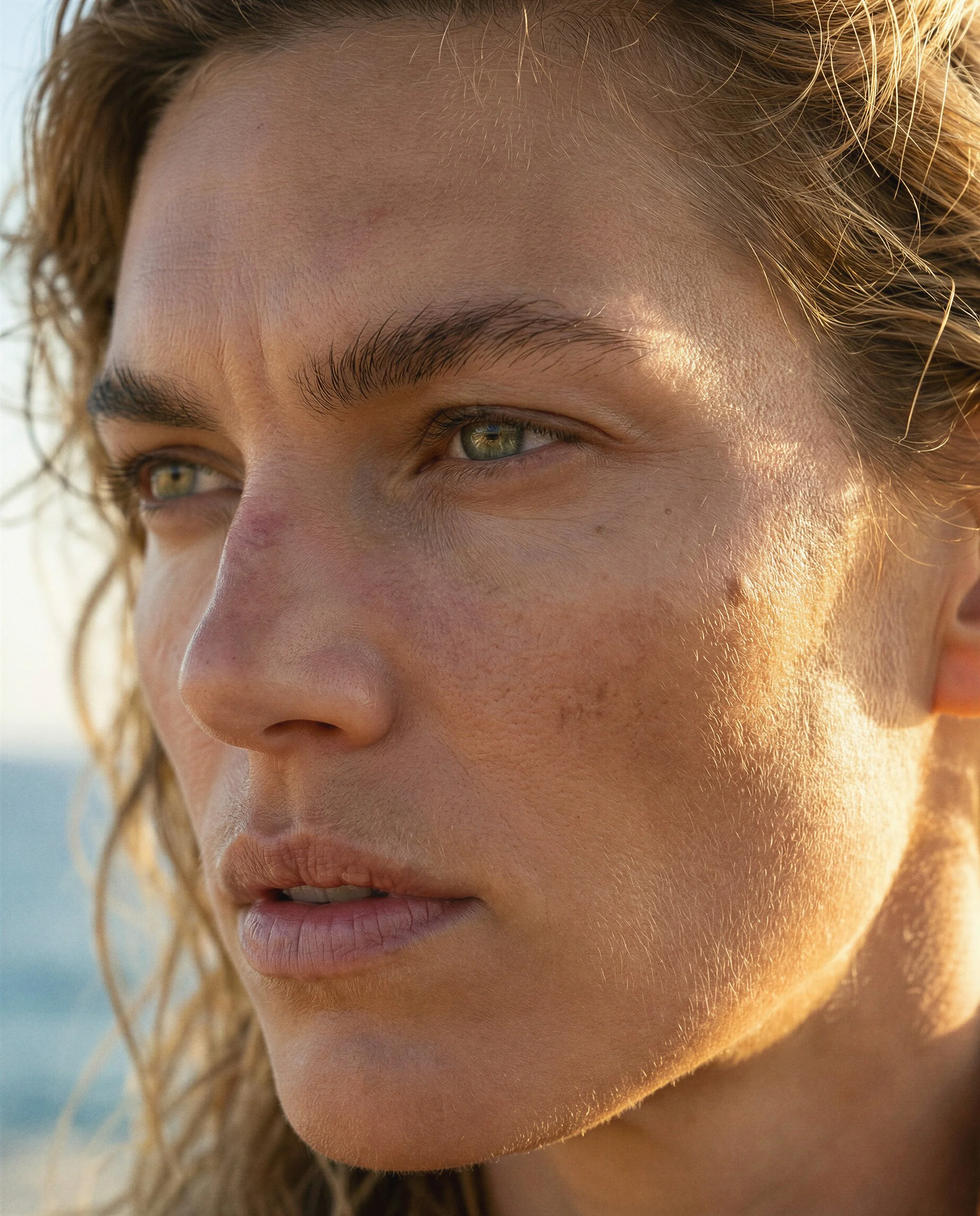 "Extreme close-up portrait of a sun-kissed female digital twin model, highlighting hyper-realistic skin texture and golden hour lighting. Showcasing the advanced anatomical realism of The Raw Lab's AI visual engine."