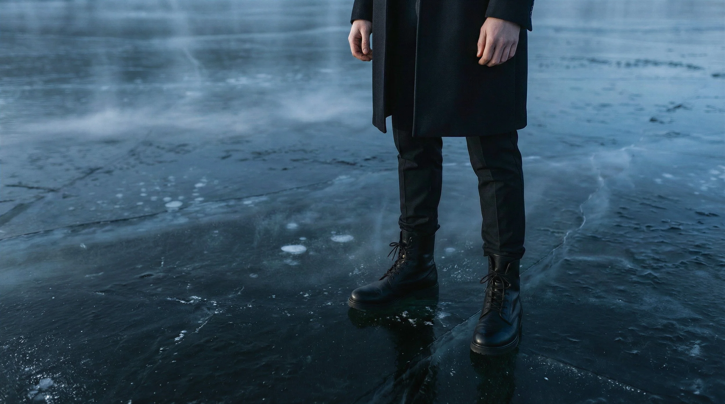 "Lower body shot featuring black tailored trousers and leather boots on a reflective frozen surface. Demonstrating the interaction between heavy textures and extreme environments."