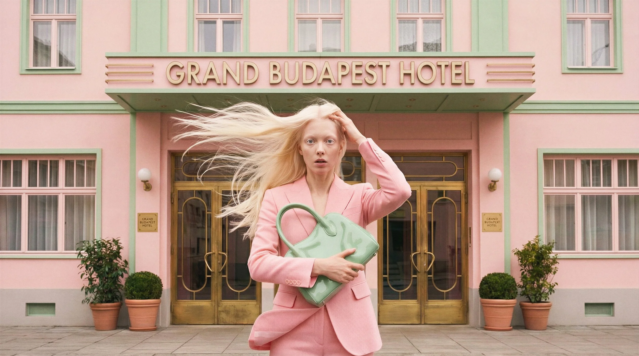 A woman in a pink suit holding a green handbag stands in front of the Grand Budapest Hotel, which has pastel pink and green exterior with plants in pots by the entrance.