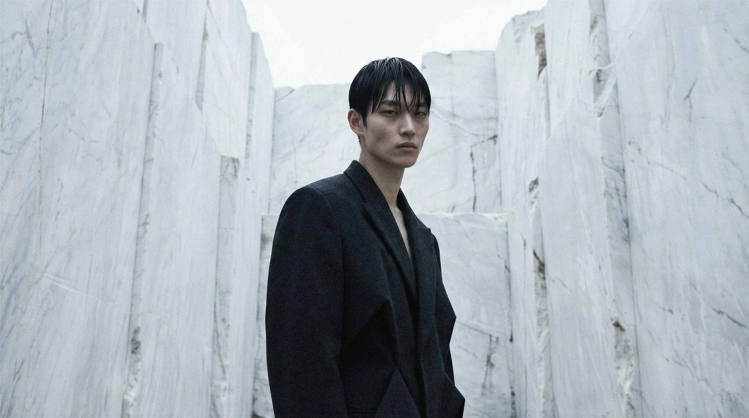 "Hero shot of a digital model in a tailored coat positioned against the vast scale of a marble quarry. Showcasing the future of zero-emission sustainable fashion production."