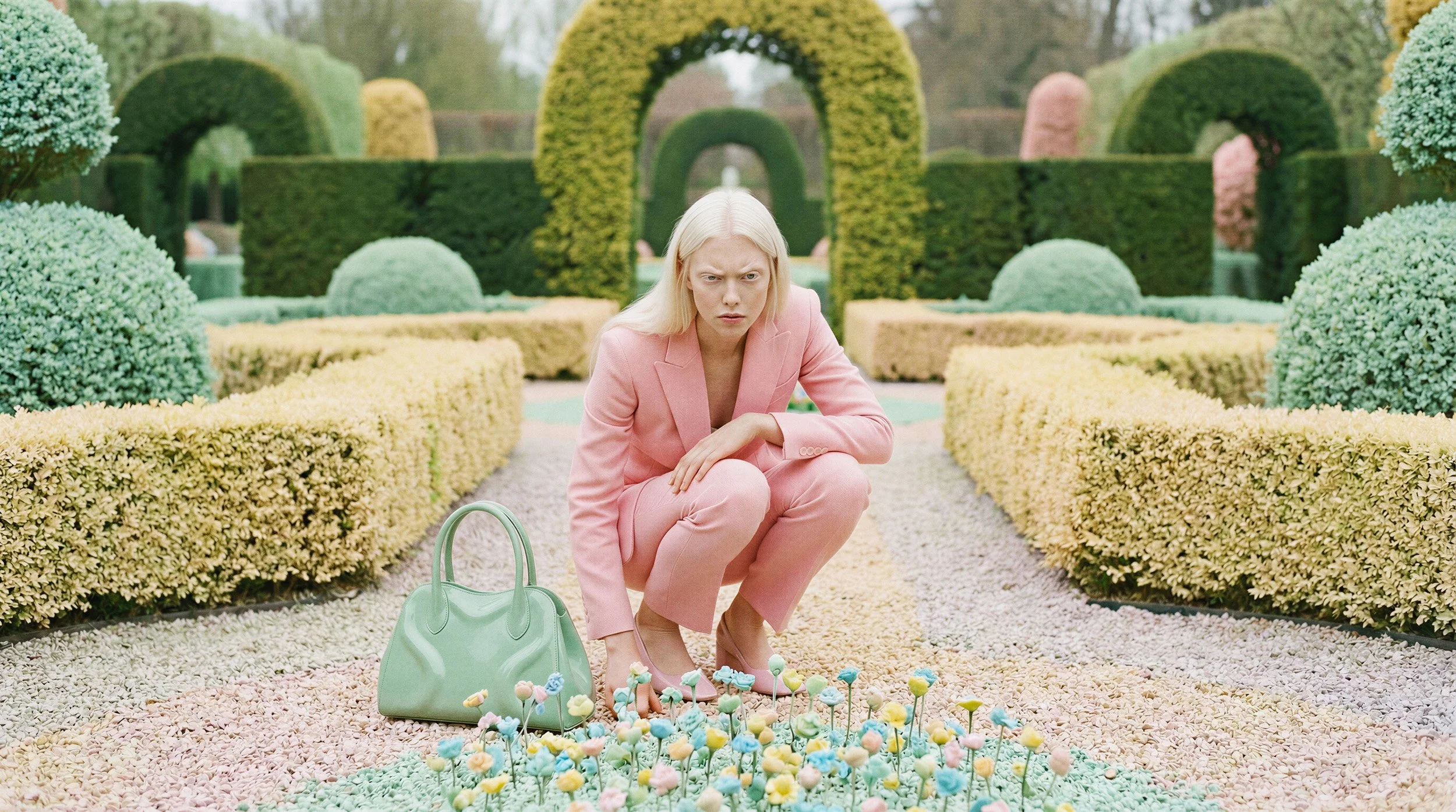 "Candid-style fashion shot of a model in a pink suit crouching in a field of pastel-colored flowers within a symmetrical garden. Demonstrating the organic realism and light interaction of digital twin technology."