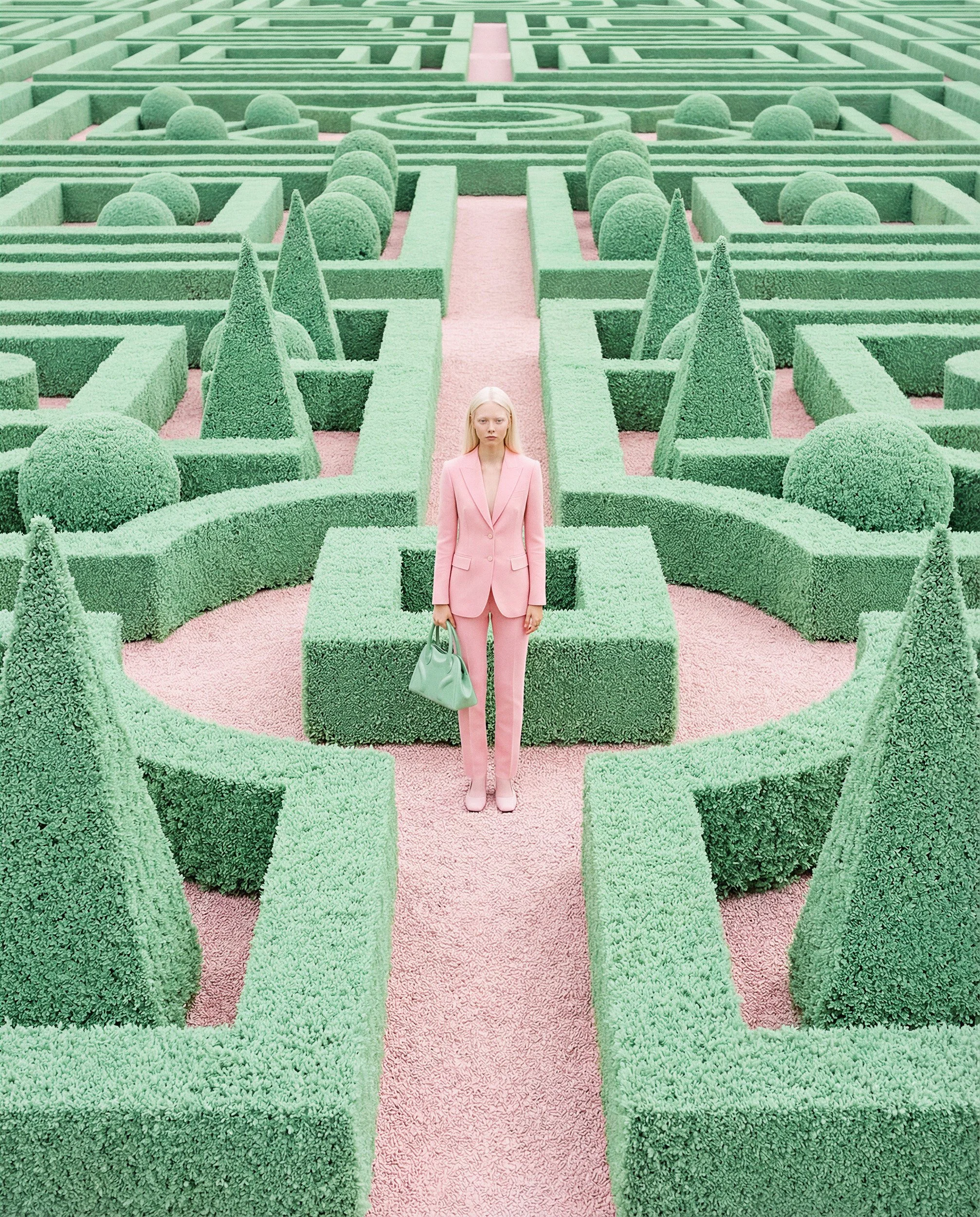 "Wide-angle high-fashion shot of a model standing in the center of a perfectly symmetrical pink and mint green hedge maze. A masterpiece in synthetic environment design and monochromatic color coordination."