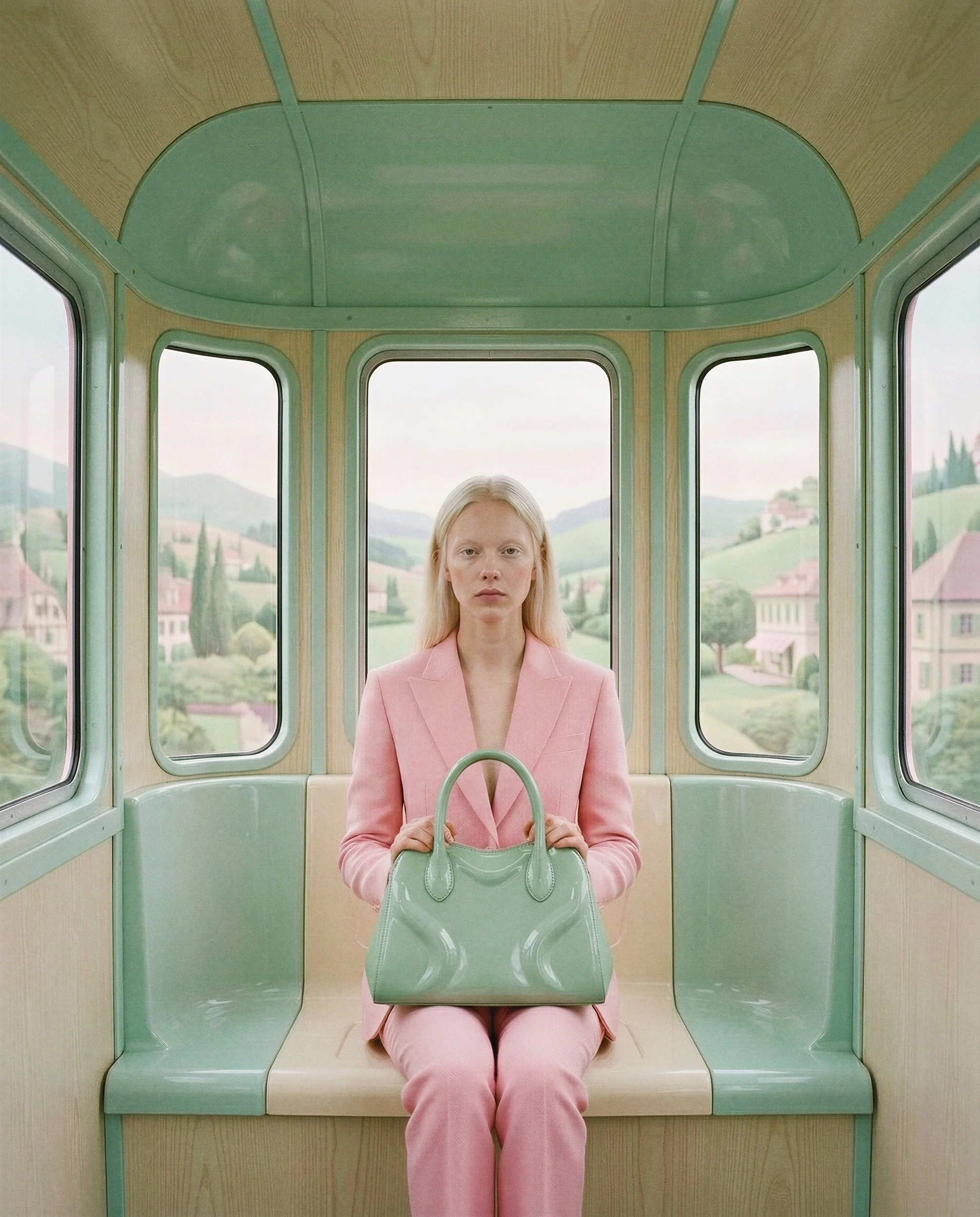 "Digital twin model wearing a pastel pink suit and holding a mint green bag inside a symmetrically designed pink and green luxury train car. AI synthetic photography demonstrating total creative control over complex environments."