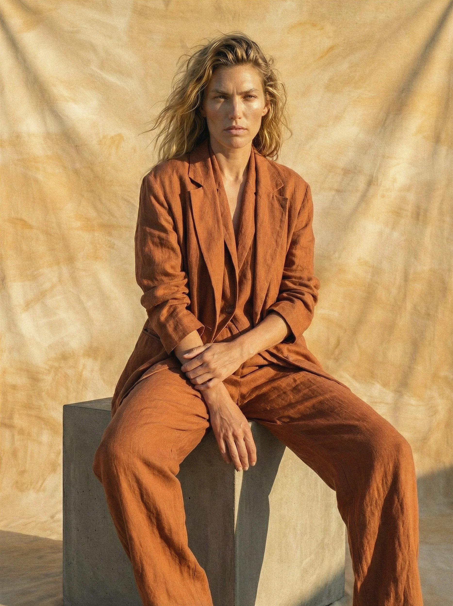 "Studio fashion portrait of a female digital twin model wearing a structured terracotta orange linen suit, sitting on a concrete cube. Part of the Solar Radiance campaign by The Raw Lab, demonstrating hyper-realistic AI-generated natural lighting and