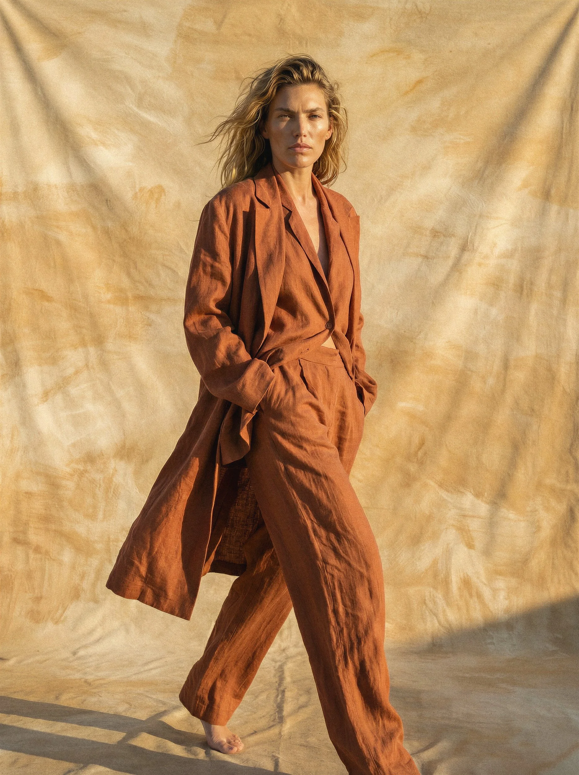 "Full-body profile shot of a digital model walking in an orange linen suit against a warm, sunlit fabric background. High-fidelity synthetic photography demonstrating zero-logistics sustainable production for summer fashion collections."