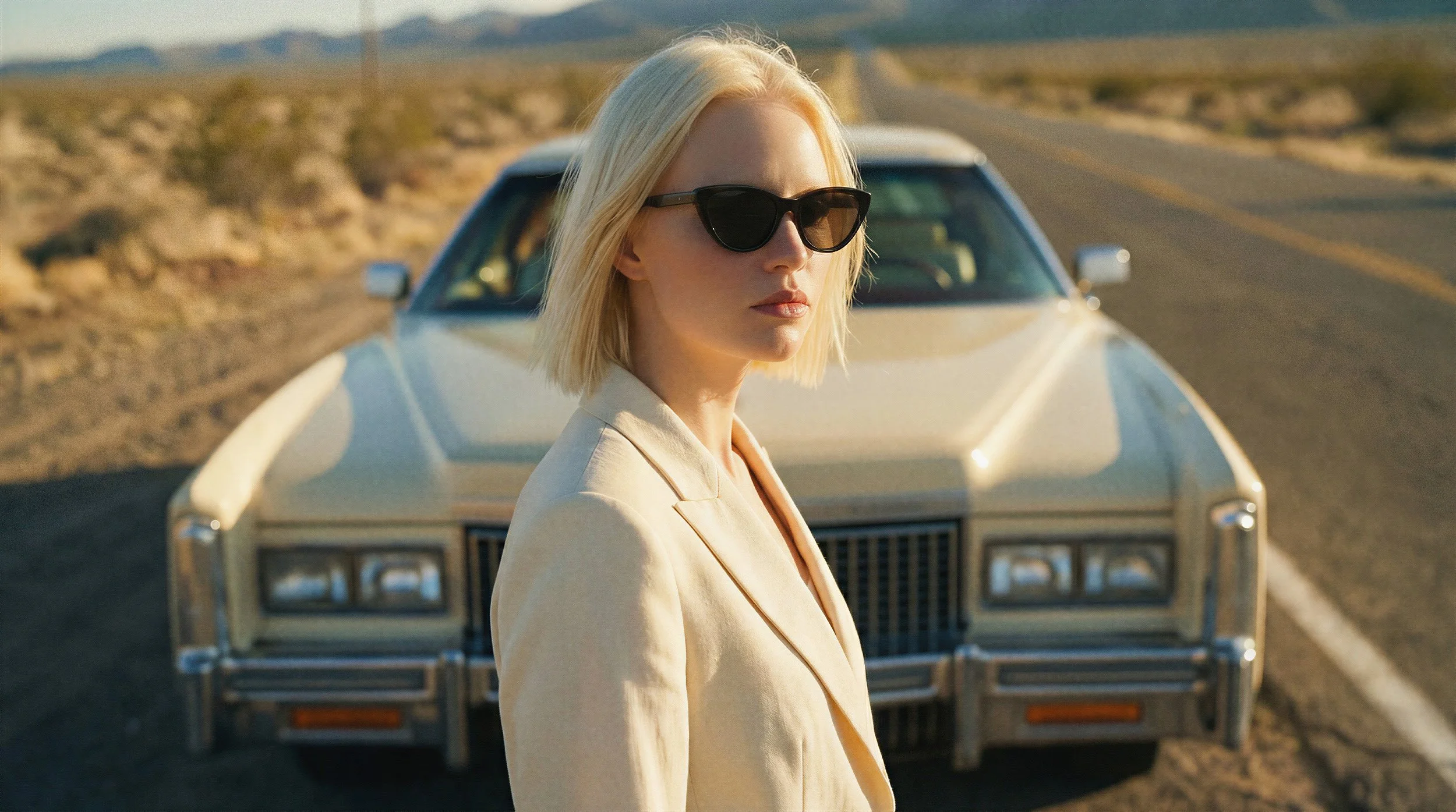"Editorial portrait of a model wearing black cat-eye sunglasses with a vintage cream car and a long desert road in the background. Showcasing hyper-realistic synthetic photography for high-end fashion brands."
