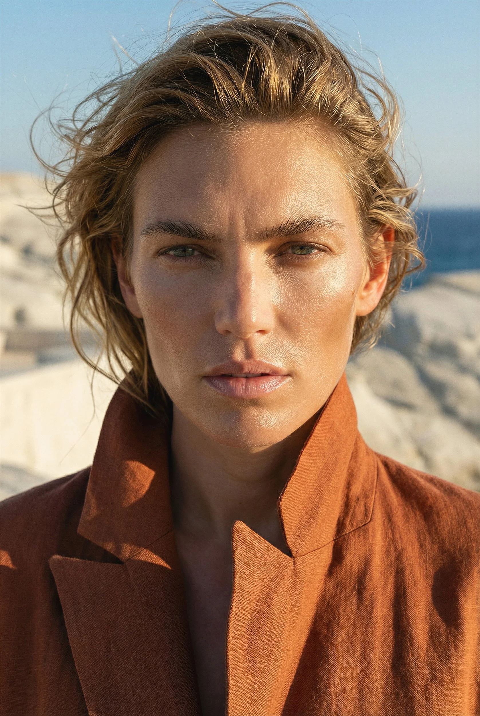 "Frontal editorial portrait focusing on an intense gaze and sun-drenched skin details. High-end AI photography demonstrating zero-logistics production for luxury fashion brands in Lisbon."