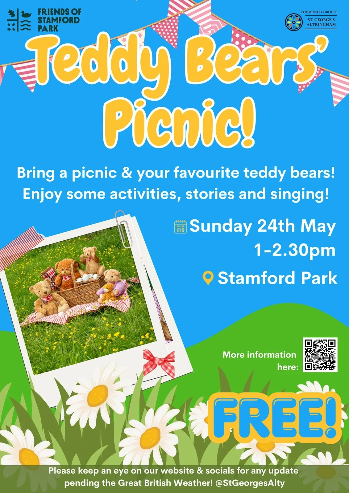 flyer for the teddy bears' picnic at stamford park on 24 may 2026