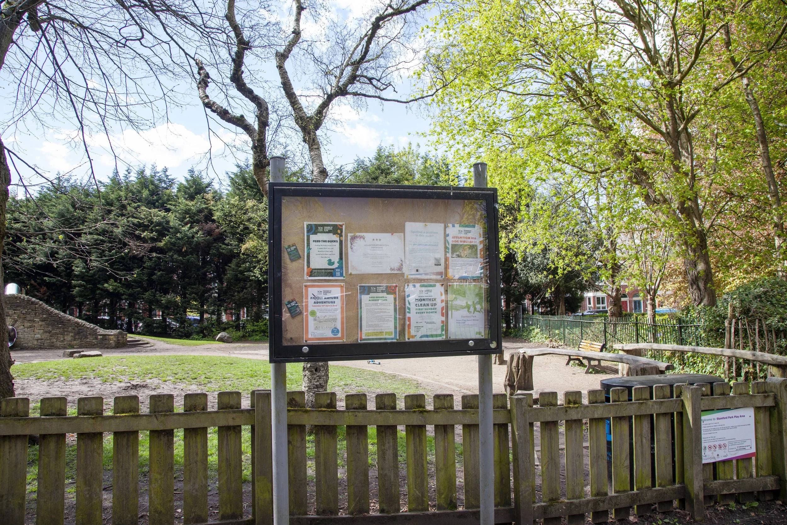 a noticeboard at stamford park near the children's play area