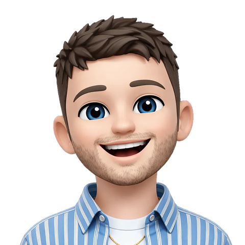Cartoon Illustration of Cedric with brown hair, blue eyes, and a big smile, wearing a blue striped shirt.