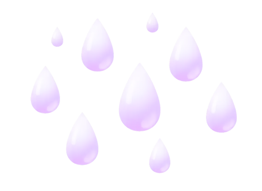 Multiple illuminated teardrop-shaped objects in varying sizes, glowing with a soft purple hue.