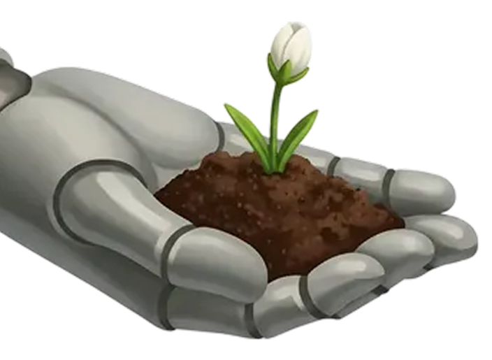 A robotic hand holding a small patch of soil with a white tulip flower growing from it.