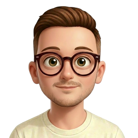 Cartoon Illustration of Benni with short brown hair, glasses, and a friendly smile.