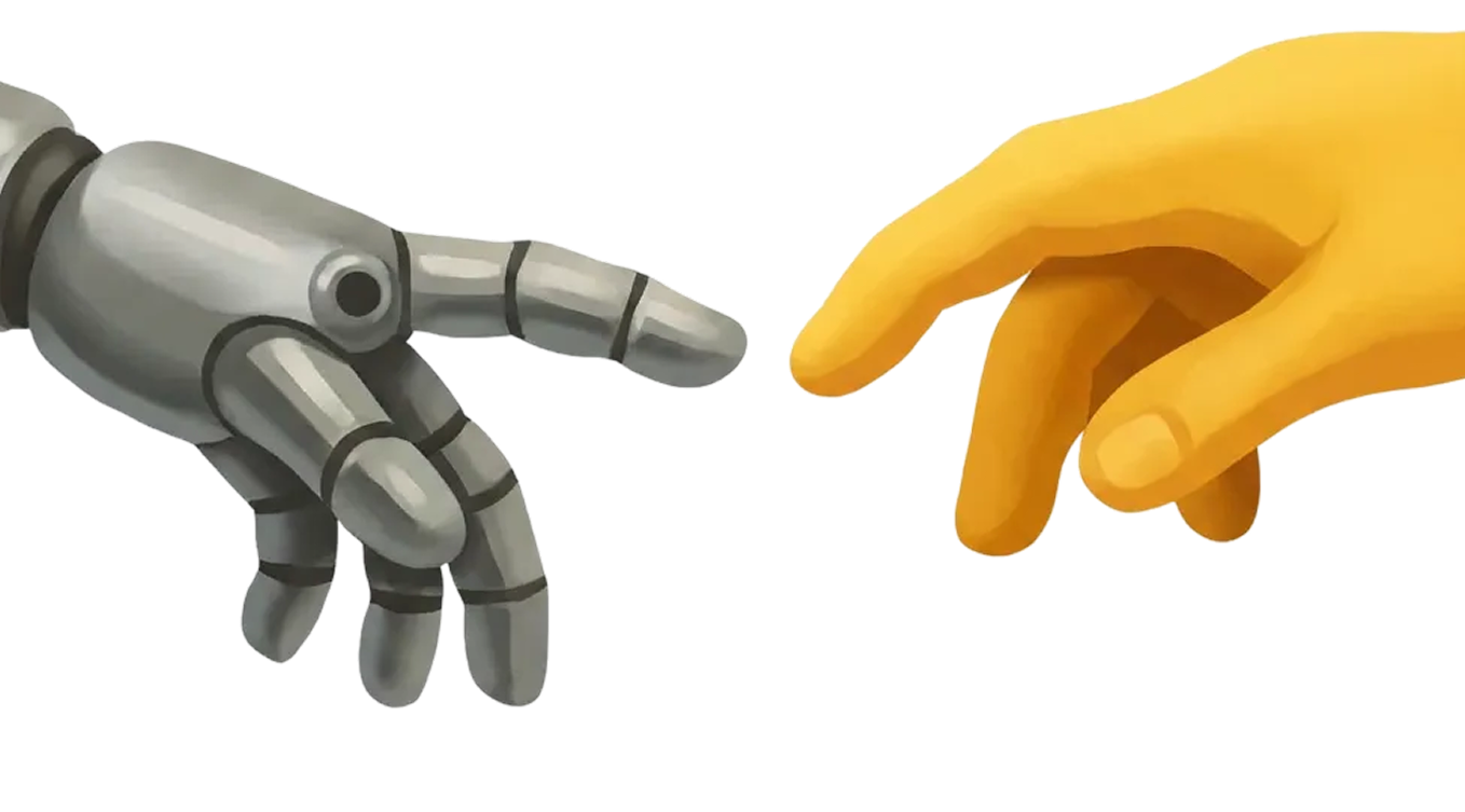 A digital illustration of a robot hand reaching out to a human hand, resembling the iconic scene from Michelangelo's Creation of Adam.