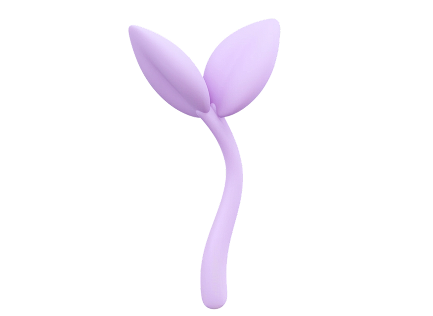 A purple flower with two petals and a curved stem against a black background.