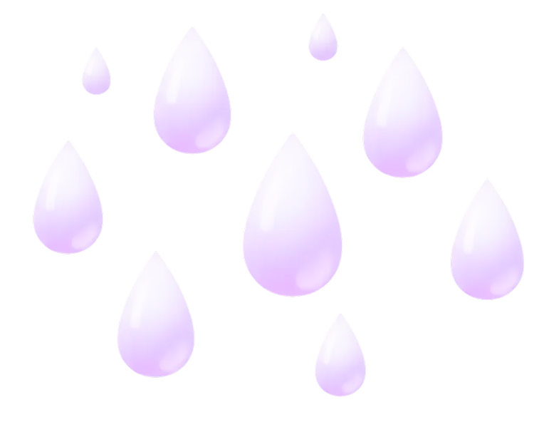Multiple purple and white teardrop-shaped drops falling or floating against a transparent background.