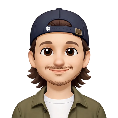 Cartoon Illustration of Chris with long brown hair, wearing a blue baseball cap and casual green jacket, smiling.