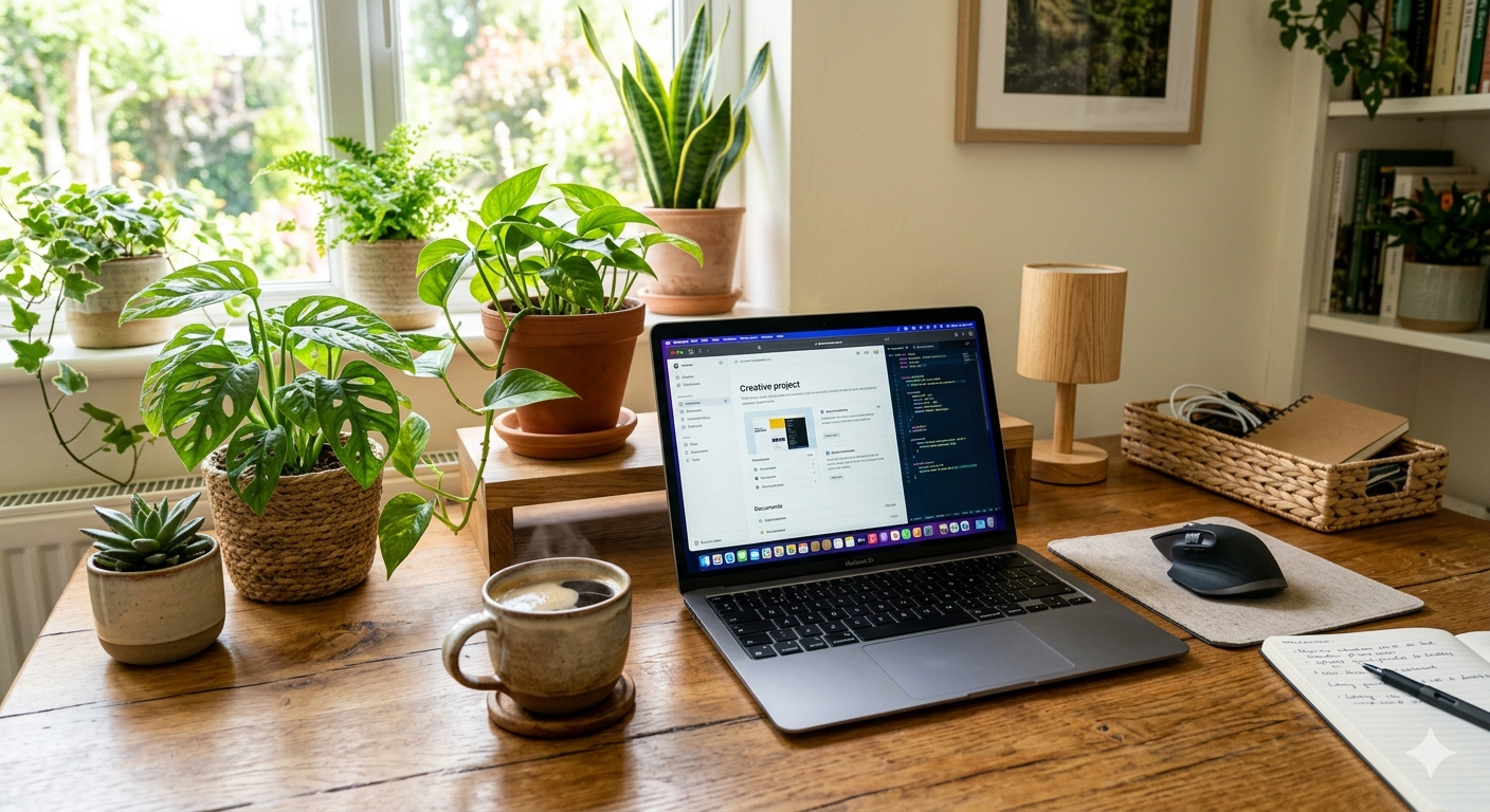 A tidy wooden desk near a window with potted plants, a cup of coffee, a laptop displaying a coding project and a document, a mouse on a mouse pad, a small wooden lamp, a notebook, a pen, and a woven basket with cables.