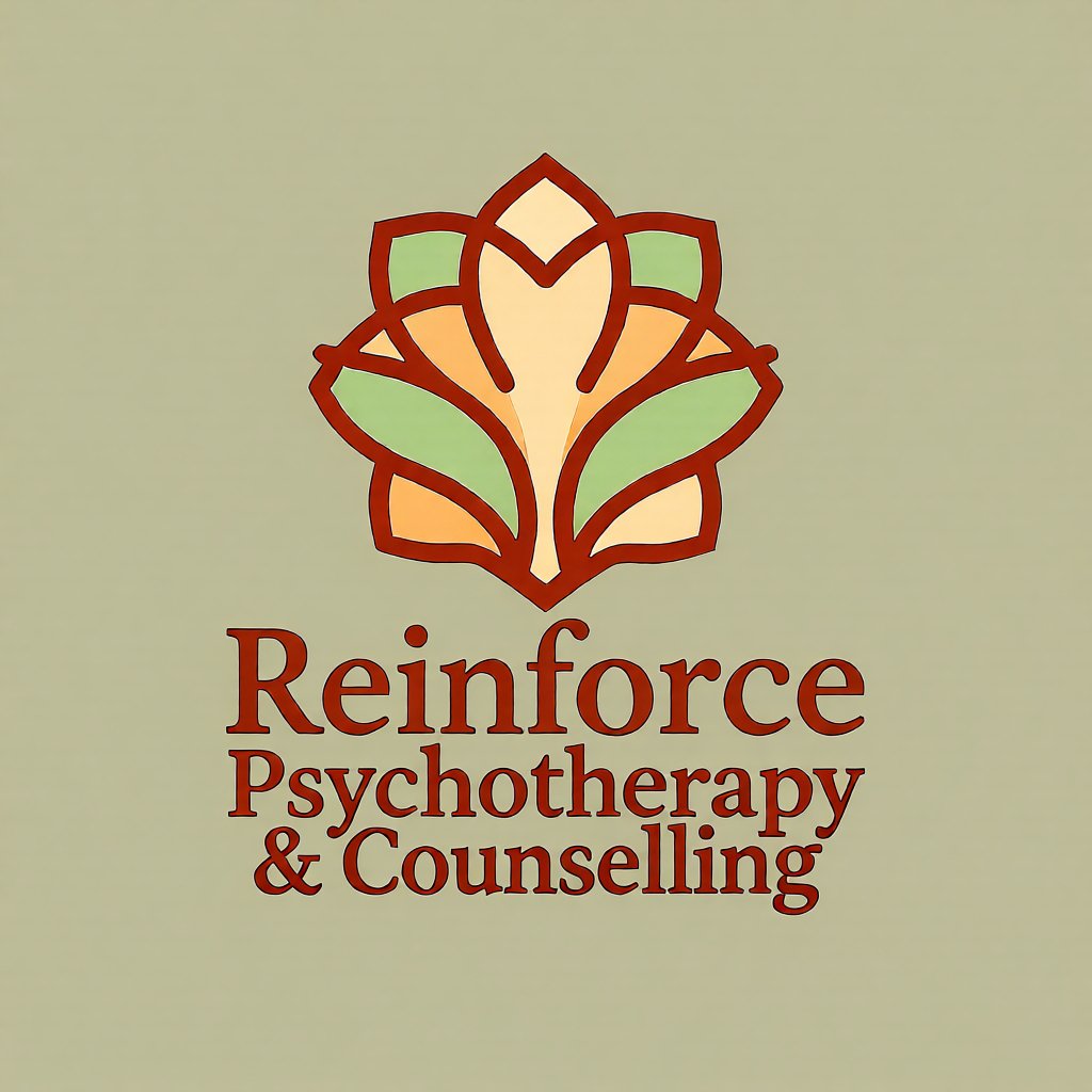 A logo for Reinforce Psychotherapy & Counselling featuring a stylized lotus flower in red, green, and beige on a light background.