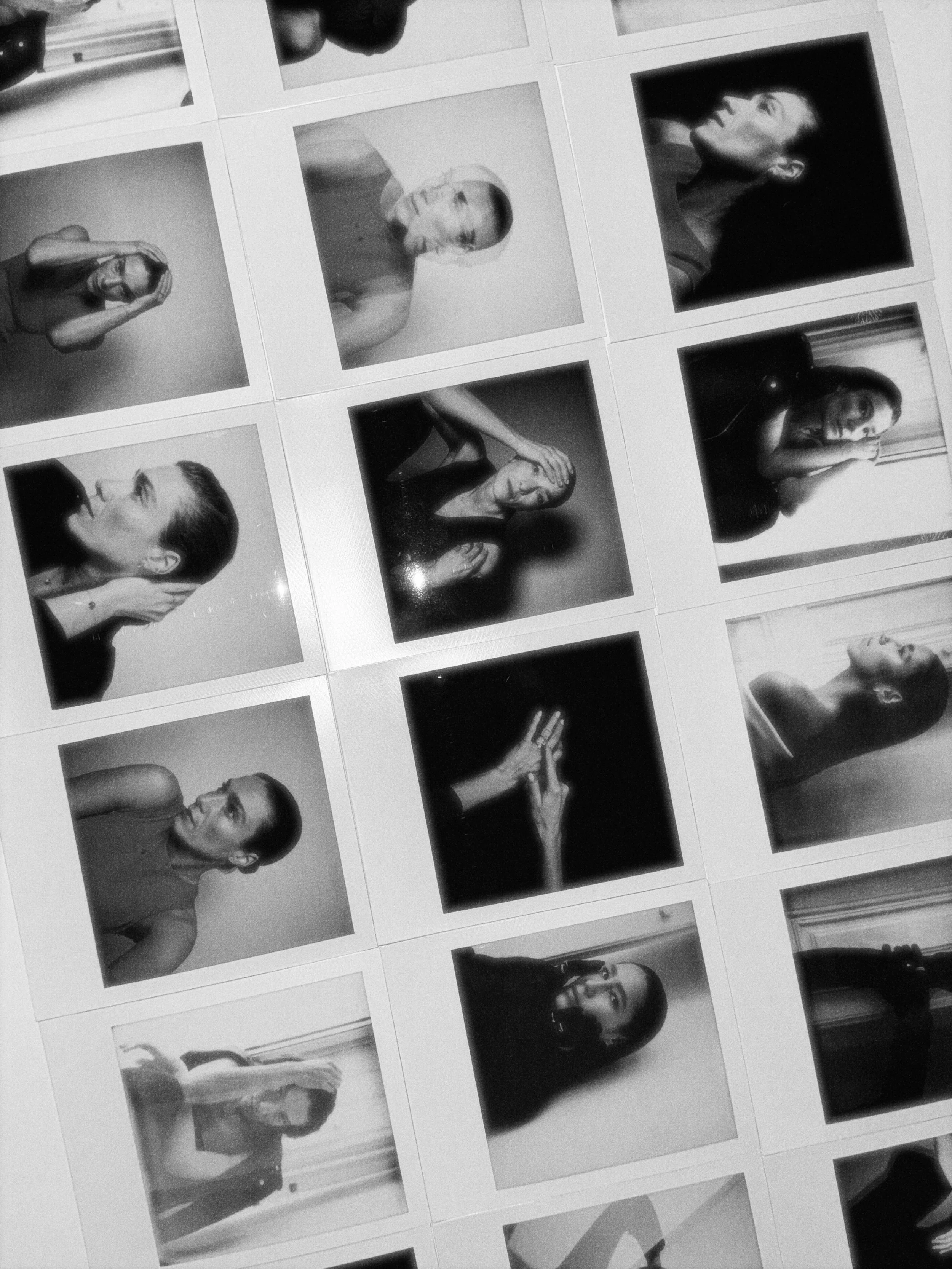 Black and white contact sheet of various portraits and hand gestures, featuring different women posing in studio settings.