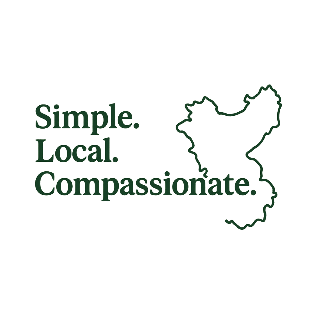 Green text that says 'Simple. Local. Compassionate.' next to a green outline of a map of Cheshire on a light background.